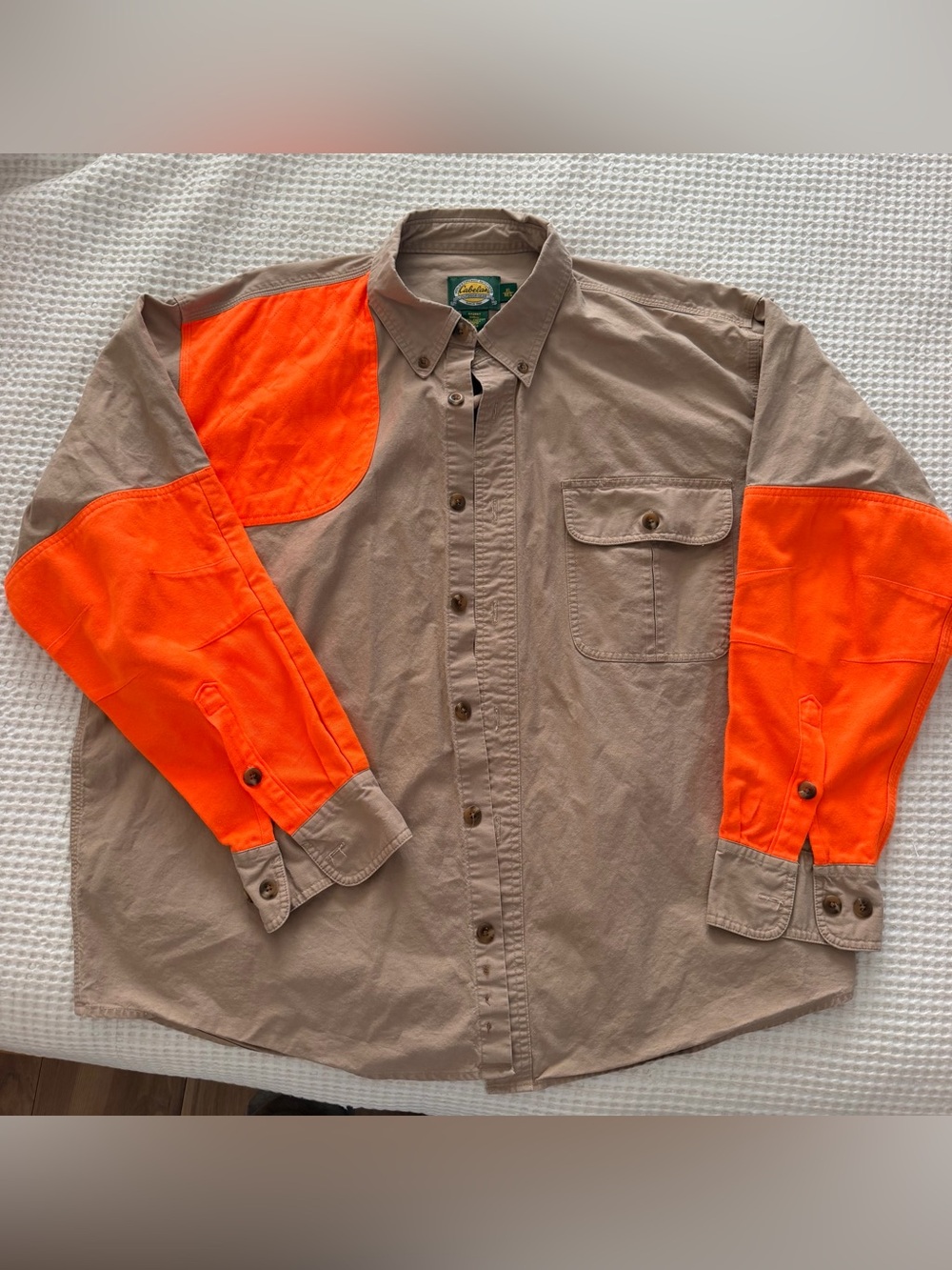 Cabela's Men's Tan Hunting Shirt with High-Vis Orange Panels